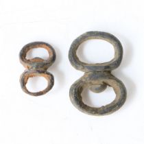 TWO MEDIEVAL BRONZE HAWKING SWIVELS.