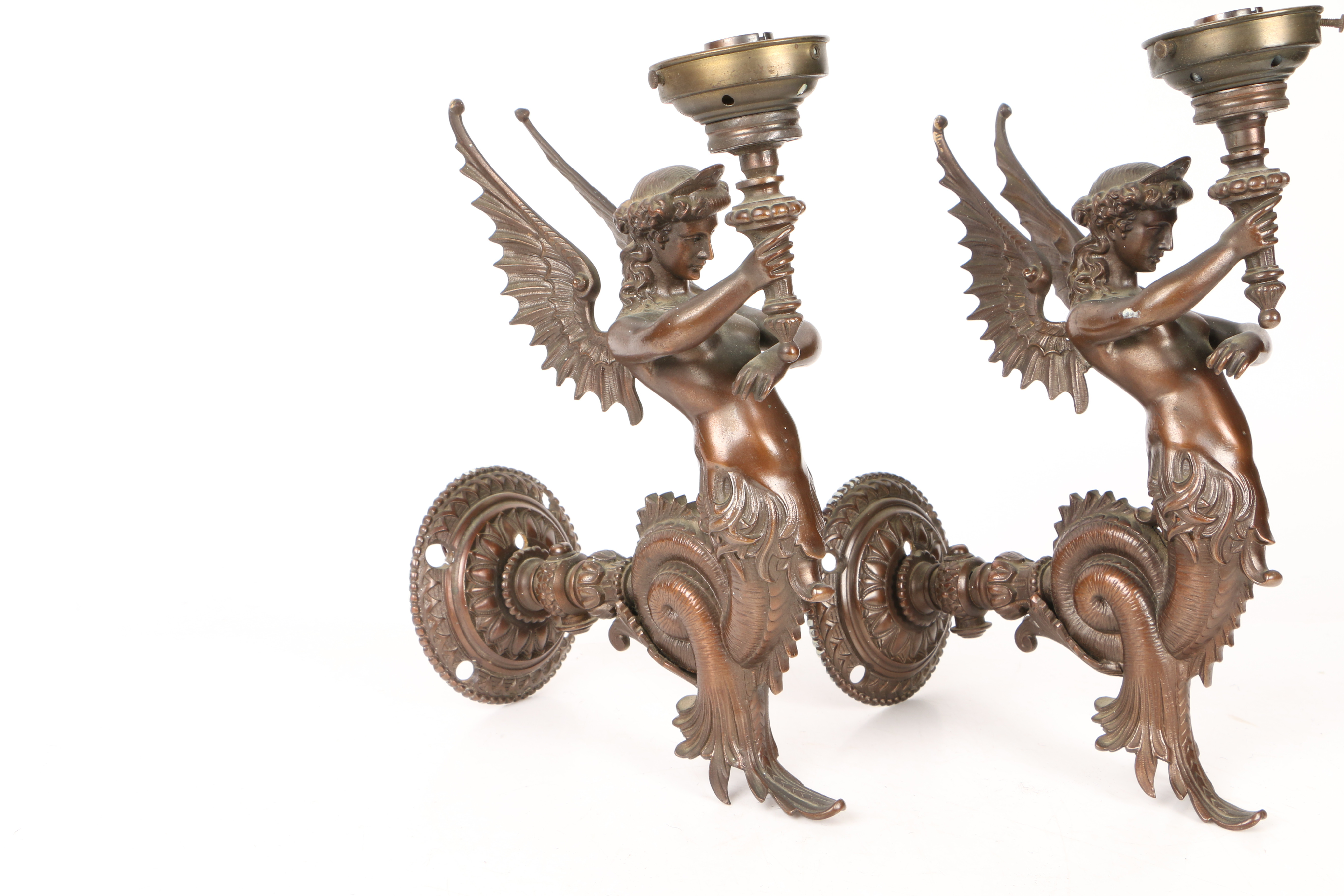 A PAIR OF BRONZE PATINATED WALL SCONCES IN THE FORM OF SIRENS. - Image 2 of 6