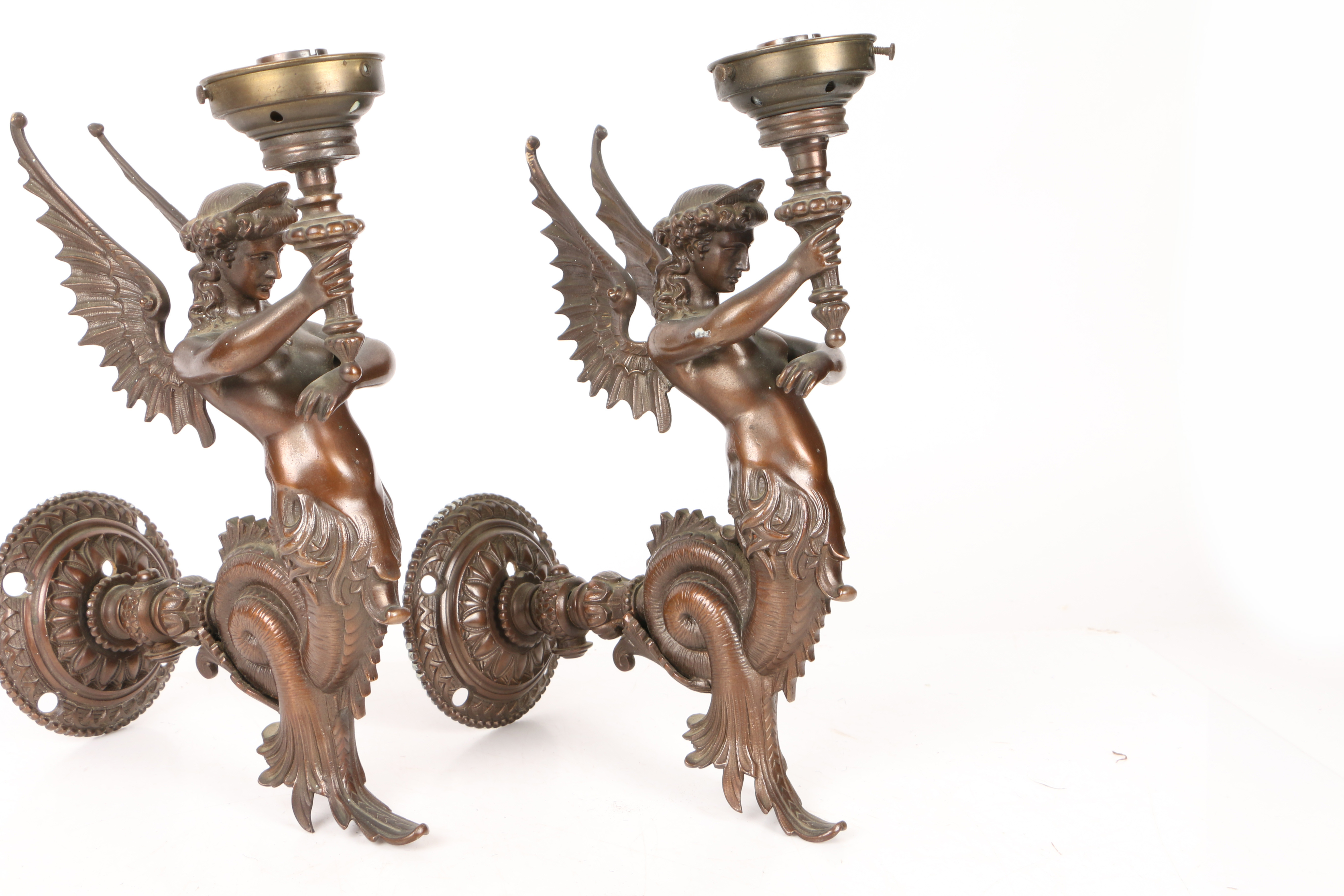 A PAIR OF BRONZE PATINATED WALL SCONCES IN THE FORM OF SIRENS. - Image 3 of 6