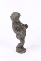 18TH CENTURY LEAD FIGURE OF A PUTTI HOLDING A TRIANGLE.