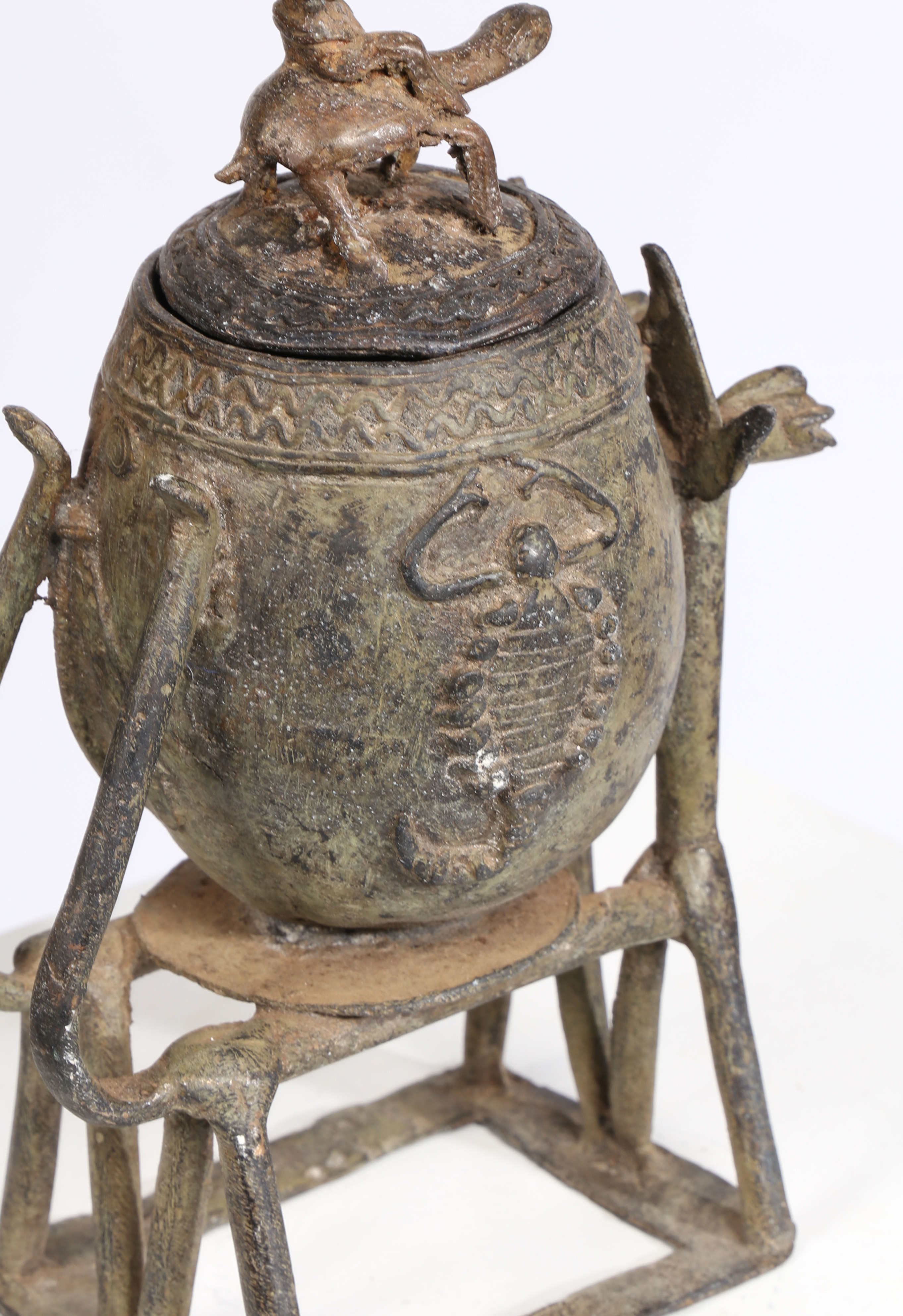 A DOGON BRONZED MEDICINE CONTAINER CARRIED BY TWO HORSES, MALI. - Image 6 of 8