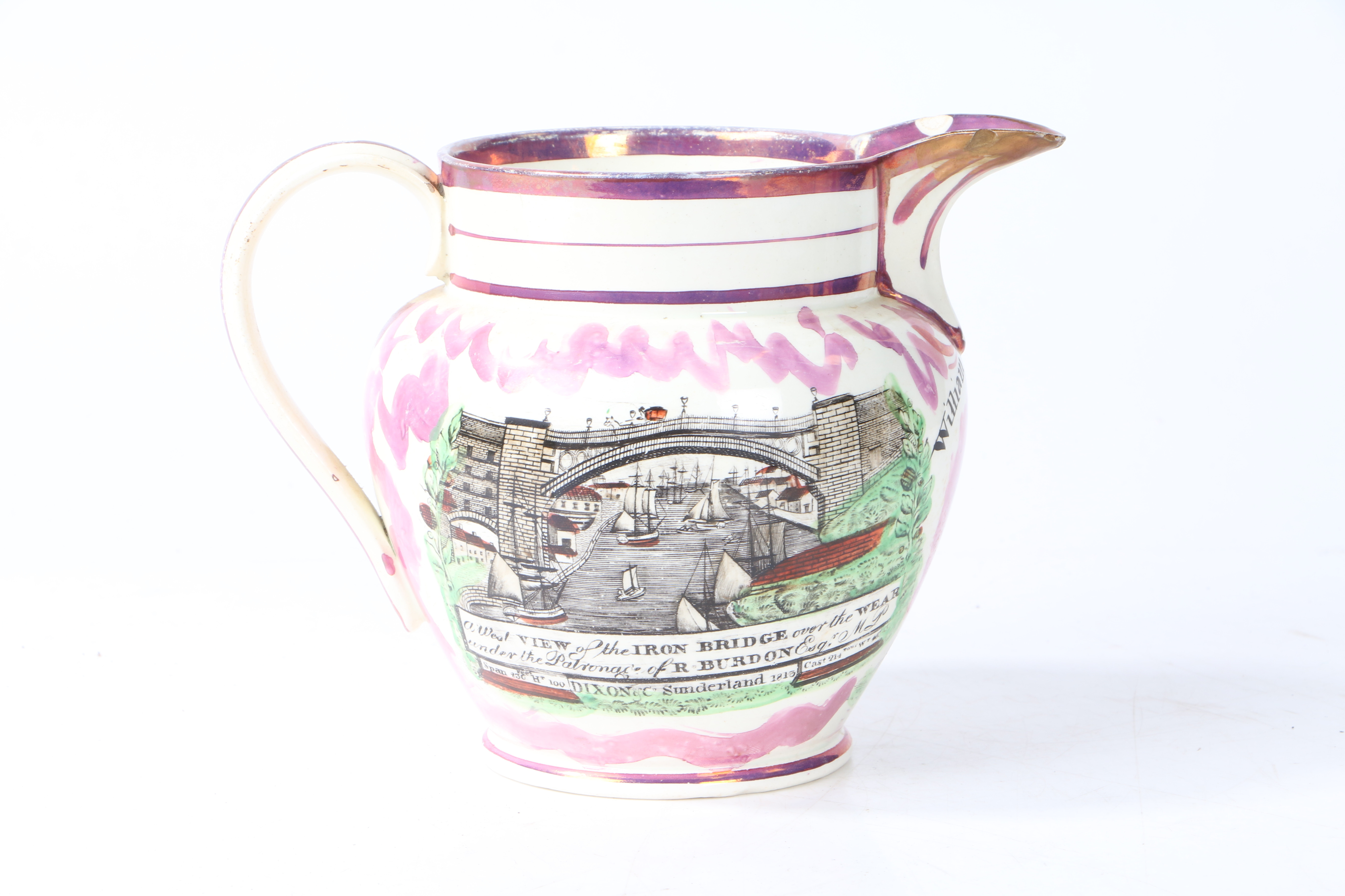 AN EARLY 19TH CENTURY SUNDERLAND PINK LUSTRE JUG WITH A VIEW OF THE IRON BRIDGE DATED 1813. - Image 3 of 3