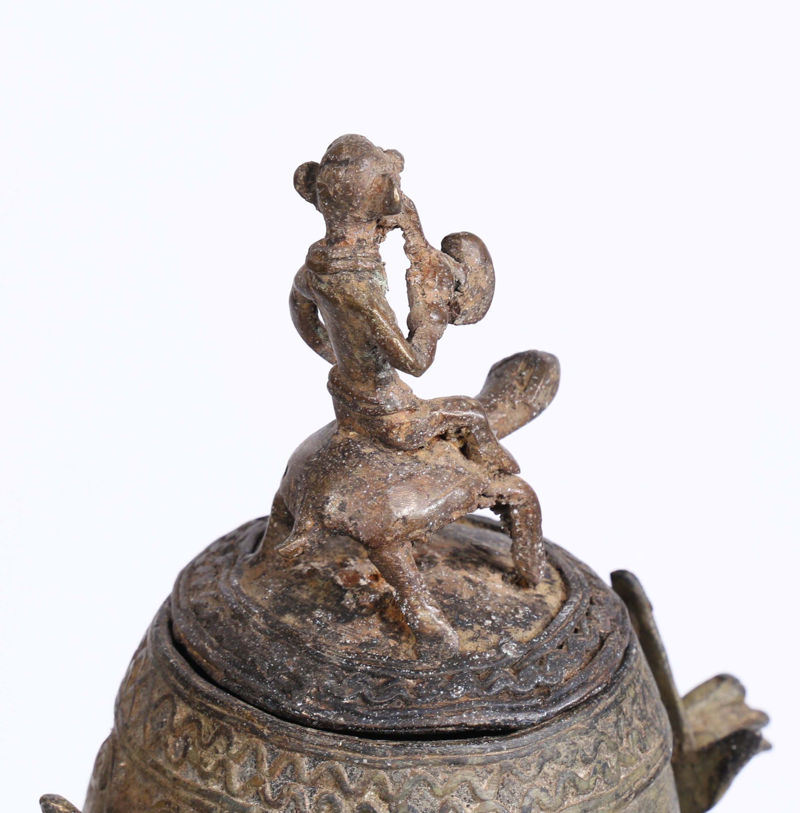 A DOGON BRONZED MEDICINE CONTAINER CARRIED BY TWO HORSES, MALI. - Image 7 of 8