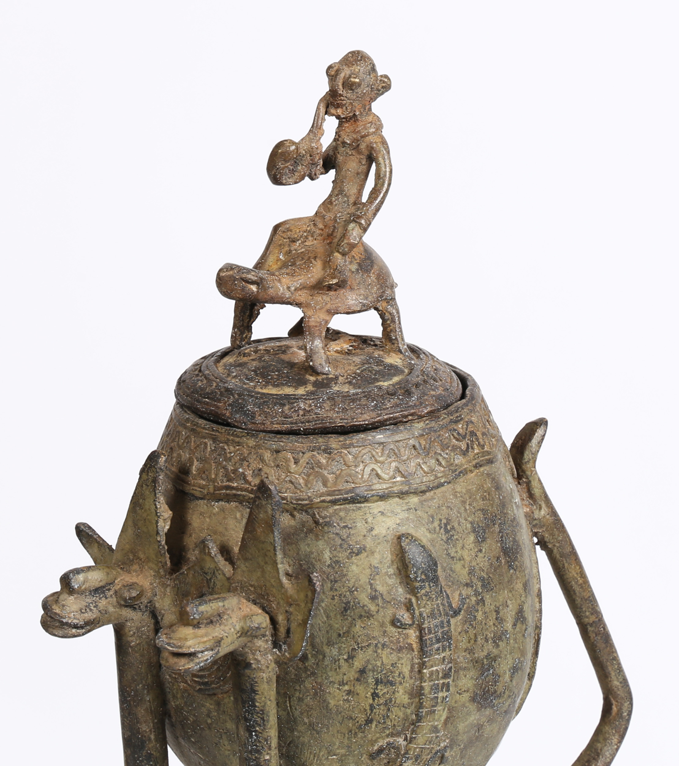 A DOGON BRONZED MEDICINE CONTAINER CARRIED BY TWO HORSES, MALI. - Image 2 of 8