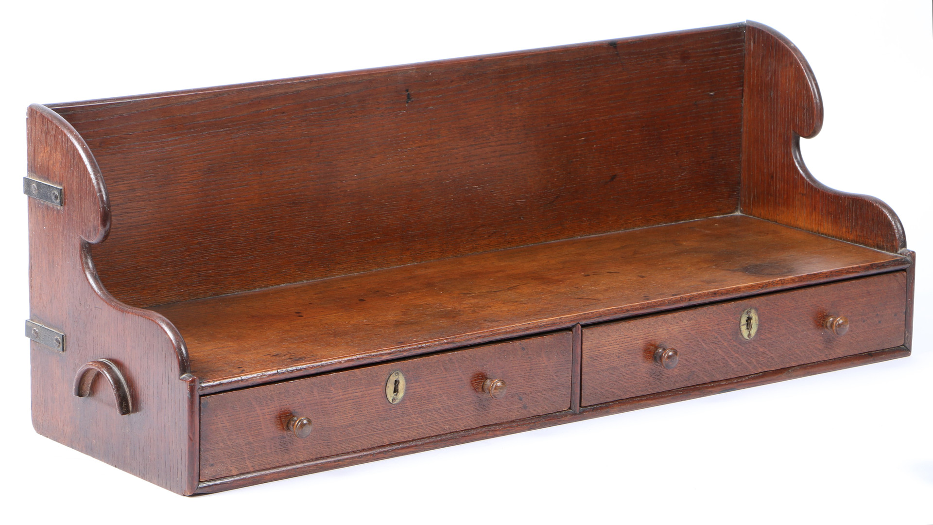 A LATE 19TH CENTURY OAK PORTABLE BOOKSHELF/BOOK-CARRY.