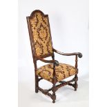 A WILLIAM & MARY OAK AND UPHOLSTERED OPEN ARMCHAIR, CIRCA 1700.
