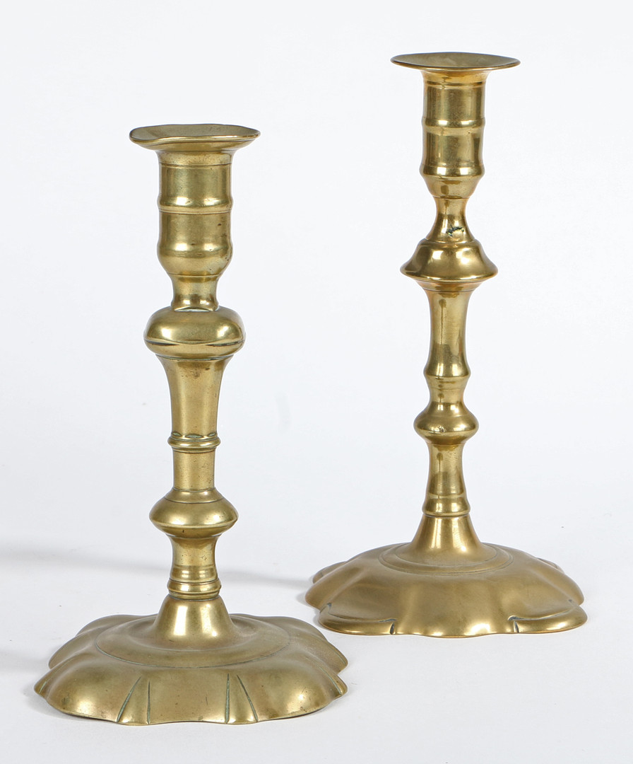 TWO GEORGE II BRASS SOCKET CANDLESTICKS, CIRCA 1755.