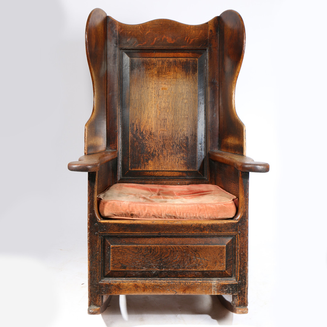 A GEORGE II OAK LAMBING-TYPE WINGED AND ROCKING ARMCHAIR, CIRCA 1750. - Image 2 of 3