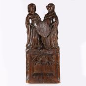 A RARE AND GOOD EARLY 15TH CENTURY OAK FIGURAL PEW END, ENGLISH, CIRCA 1400.