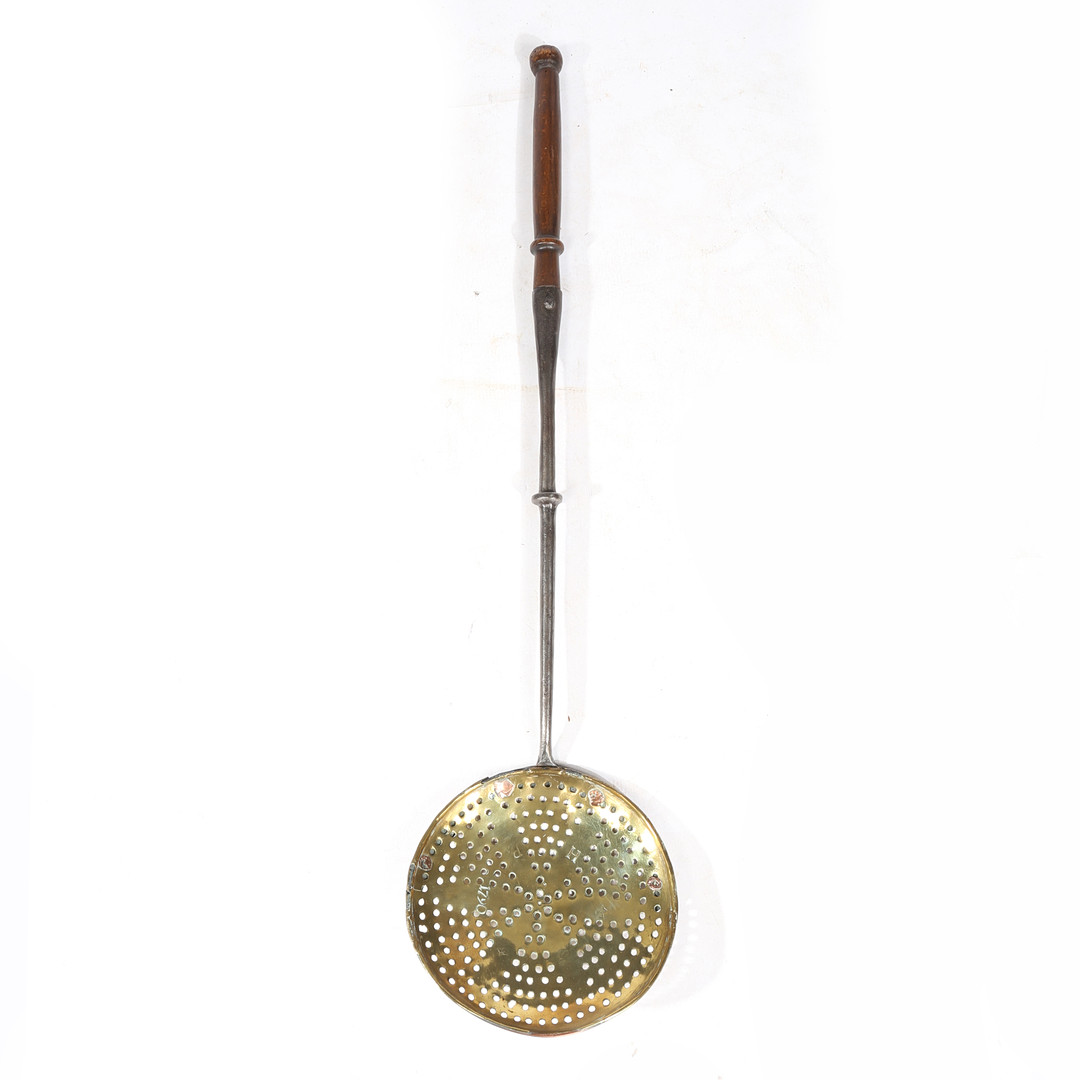 A BRASS, IRON AND FRUITWOOD SKIMMER, RARE MAKER STAMPED AND DATED 1790. - Image 3 of 7