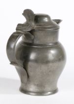 A VICTORIAN PEWTER HALF-PINT LIDDED ALE JUG, CIRCA 1870.