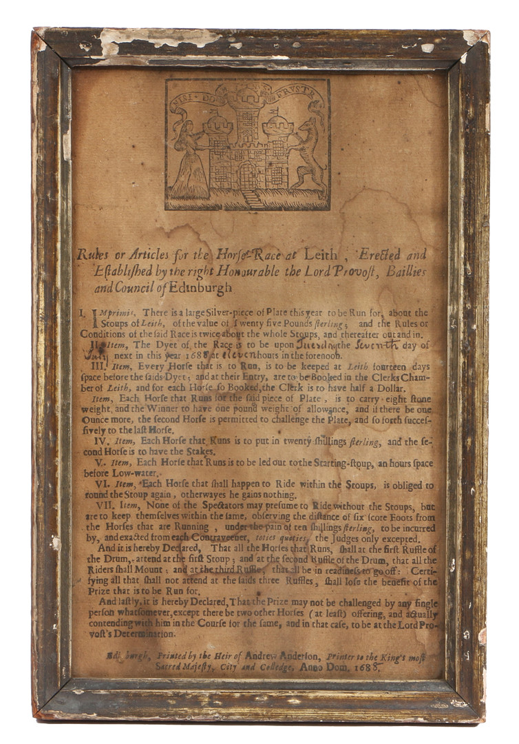 HORSE RACING INTEREST: HORSE RACE RULES, LEITH, EDINBURGH, PRINT, DATED 1688.