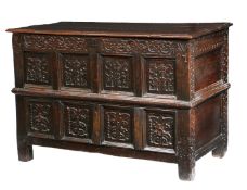A RARE CHARLES II CARVED OAK COFFER WITH DRAWER, CUMBRIA/LANCASHIRE, DATED 1671.