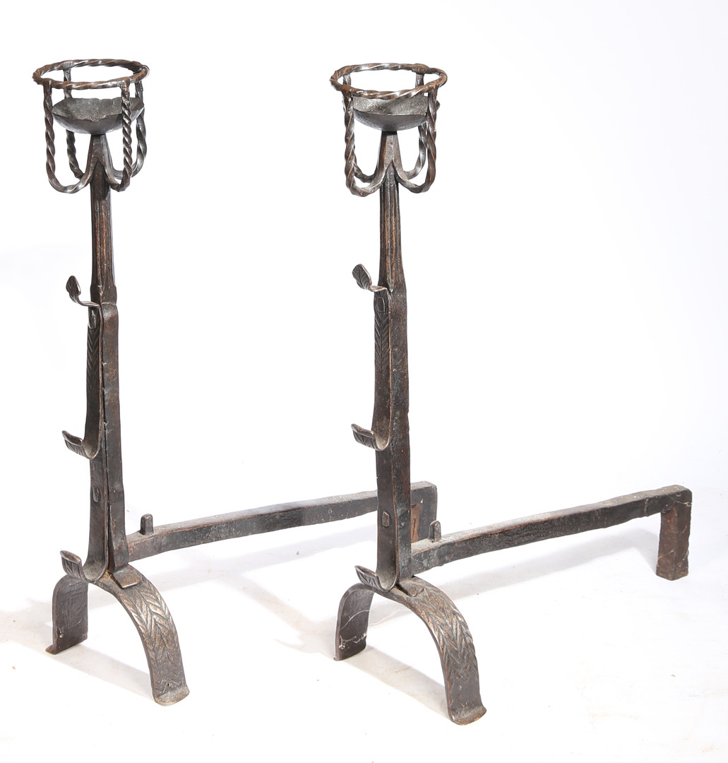 A GOOD PAIR OF 17TH CENTURY STYLE IRON CRESSET FIREDOGS. - Image 3 of 6
