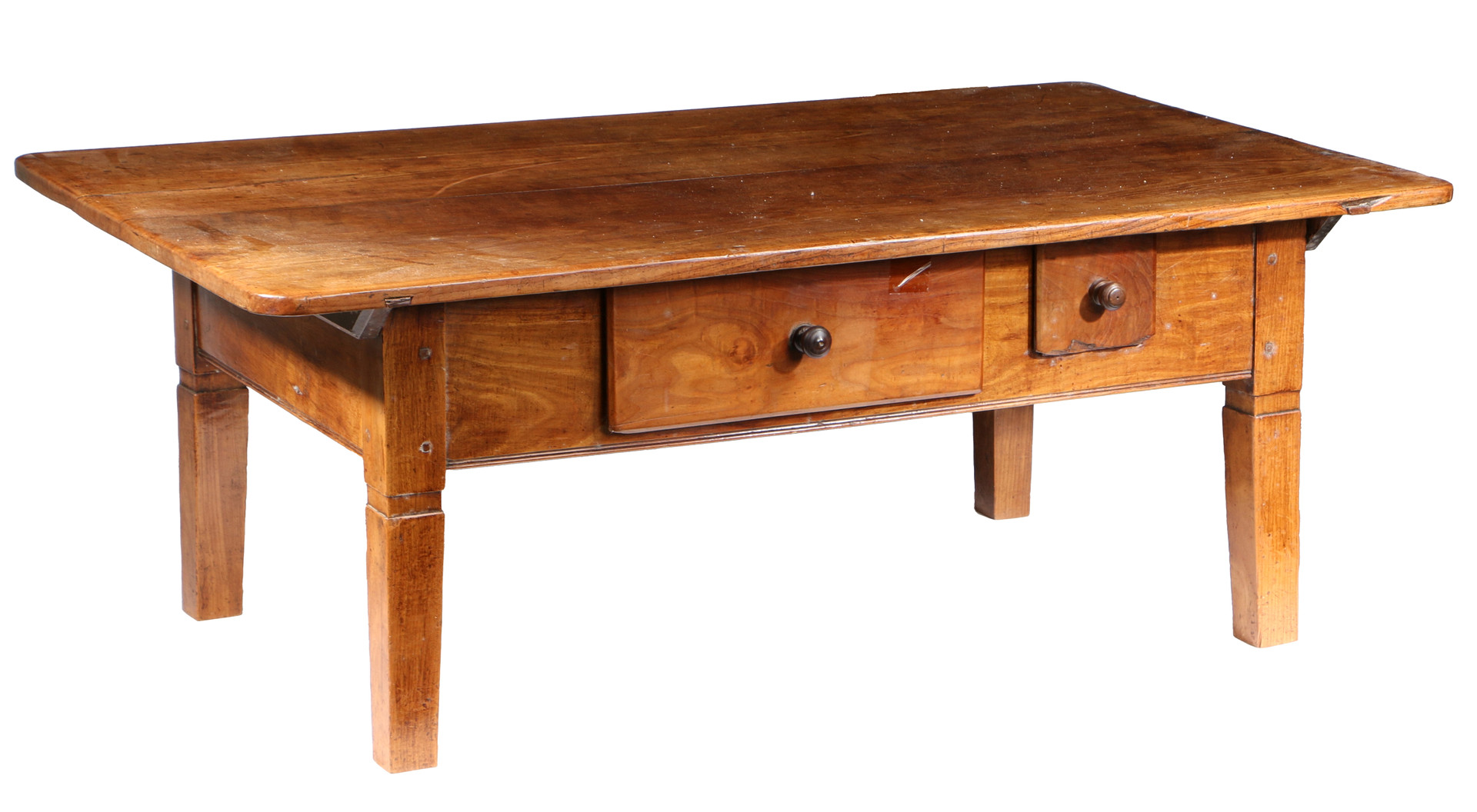 A FRUITWOOD FARMHOUSE TABLE, REDUCED IN HEIGHT TO FORM A COFFEE TABLE, CIRCA 1800. - Image 2 of 2