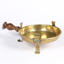 A MID-18TH CENTURY BRASS AND FRUITWOOD CHAFFING DISH, CIRCA 1750.