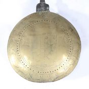 A CHARLES II IRON AND BRASS WARMING PAN, DATED 1665.