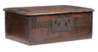 A RARE JAMES I BOARDED OAK BOX, NAMED AND DATED 1624.