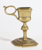 AN EARLY 18TH CENTURY MANNER BRASS UPRIGHT CANDLE-SNUFFER STAND