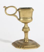 AN EARLY 18TH CENTURY MANNER BRASS UPRIGHT CANDLE-SNUFFER STAND