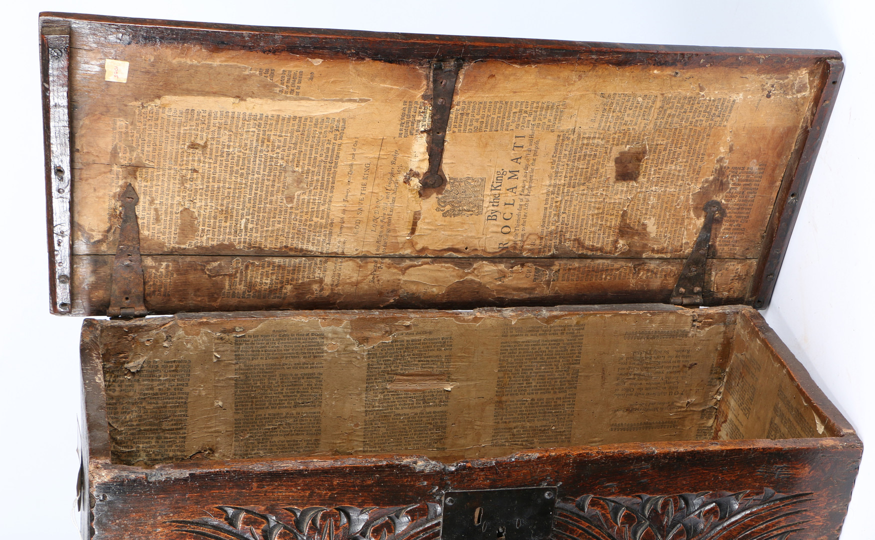 A CHARLES I CARVED OAK AND ELM BOARDED CHEST, WEST COUNTRY, CIRCA 1630, WITH RARE CHARLES II PRINTED - Image 4 of 5