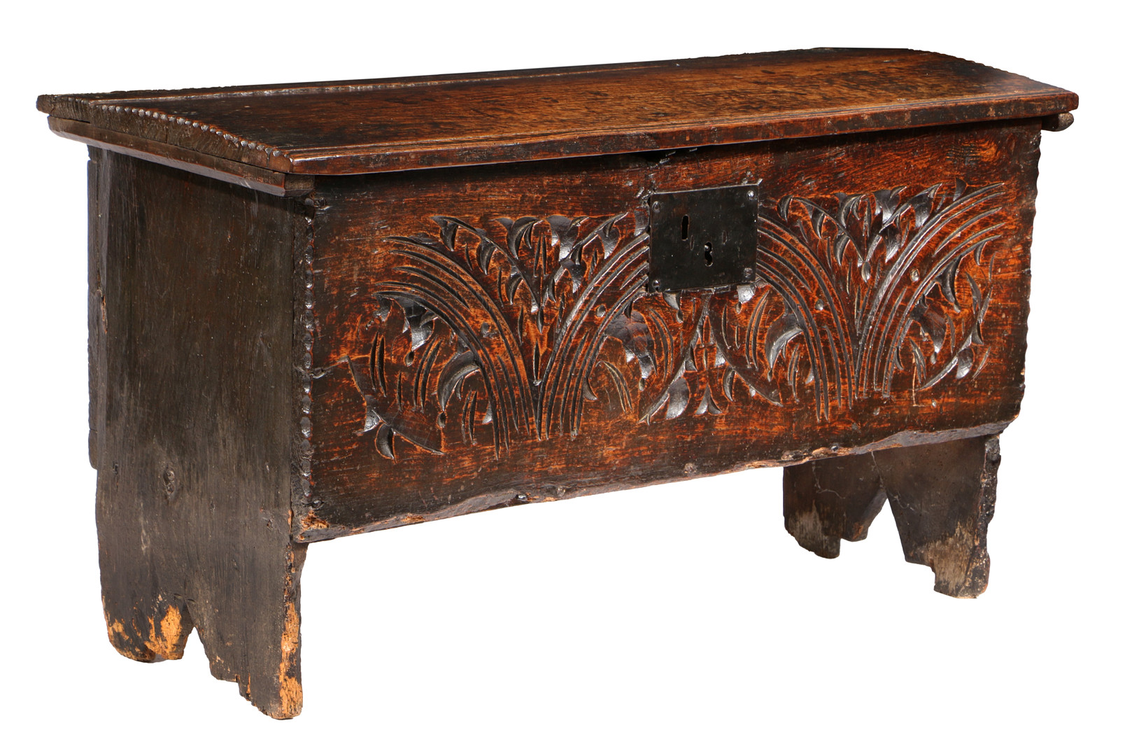 A CHARLES I CARVED OAK AND ELM BOARDED CHEST, WEST COUNTRY, CIRCA 1630, WITH RARE CHARLES II PRINTED - Image 2 of 5