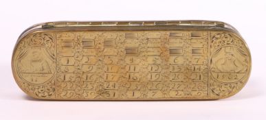 A MID-18TH CENTURY BRASS ENGRAVED TOBACCO BOX, DUTCH.