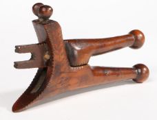 A GEORGE III YEW CROSSOVER LEVER-ACTION NUTCRACKER, POSSIBLY DATED '78'.