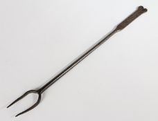 A GOOD GEORGE II IRON MEAT FORK, DATED 1755.