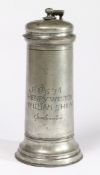A GOOD AND LARGE CHARLES II PEWTER FLAGON, DATED 1634 AND INSCRIBED WITH CHURCHWARDENS' NAMES.