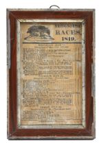 HORSE RACING INTEREST: A GEORGE III PRINTED 'SILK', 'BRIDGNORTH RACES', DATED 1819, FRAMED.