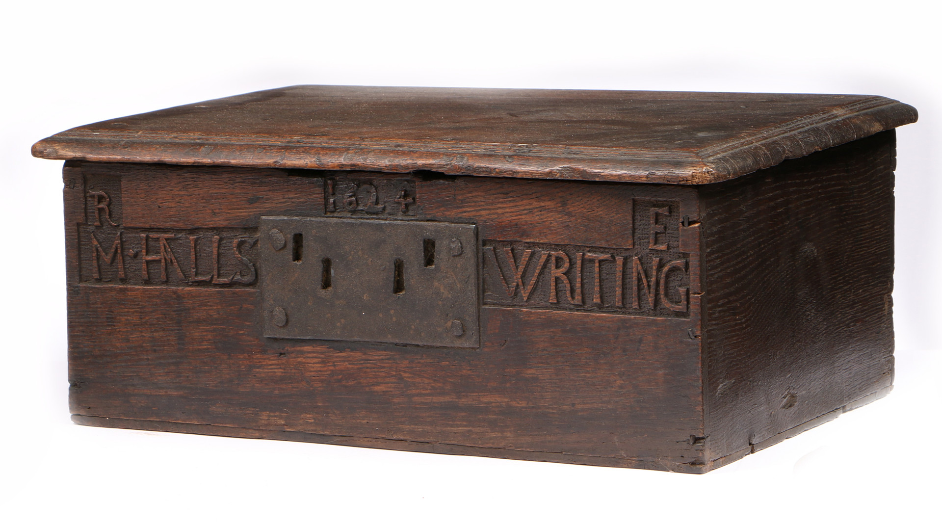 A RARE JAMES I BOARDED OAK BOX, NAMED AND DATED 1624. - Image 2 of 4