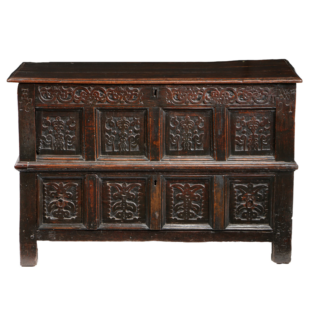 A RARE CHARLES II CARVED OAK COFFER WITH DRAWER, CUMBRIA/LANCASHIRE, DATED 1671. - Image 2 of 2