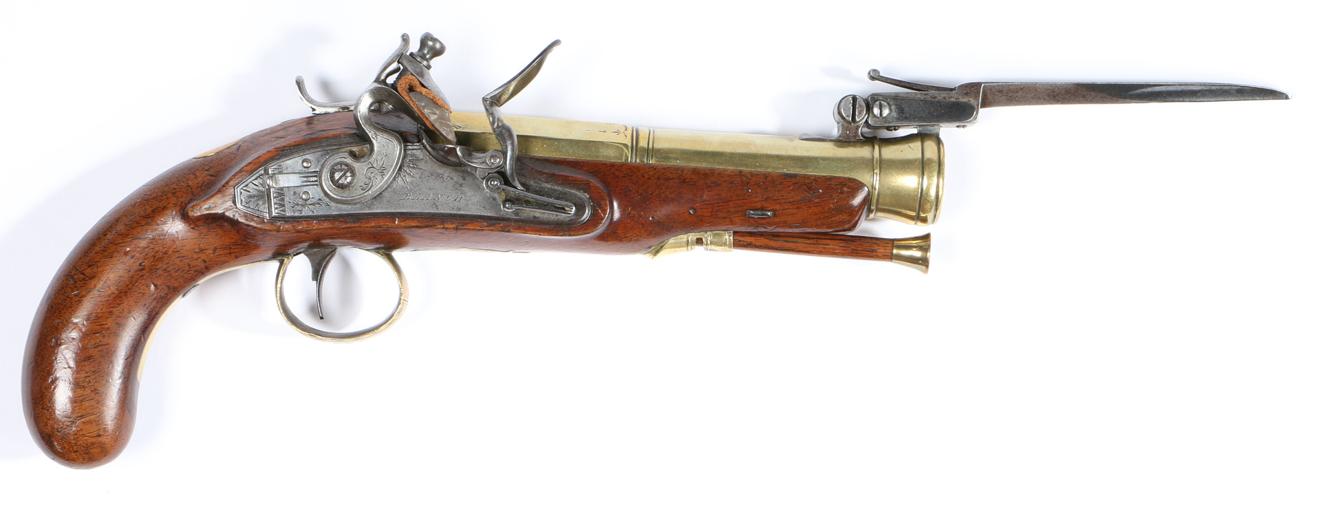 AN EARLY 19TH CENTURY BRASS-BARRELLED FLINTLOCK BLUNDERBUSS PISTOL, BY BLANCH OF LONDON. - Image 3 of 4