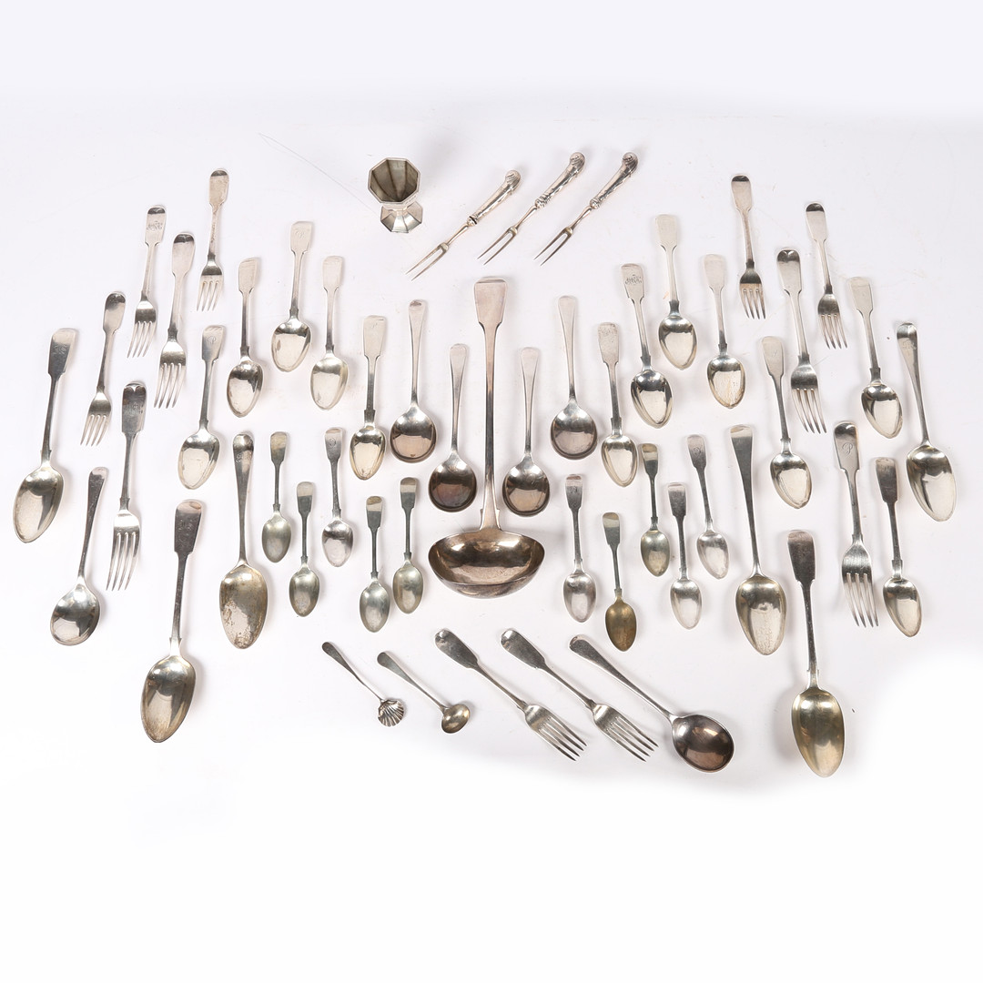 A QUANTITY OF GEORGE III AND LATER SILVER FLATWARE.