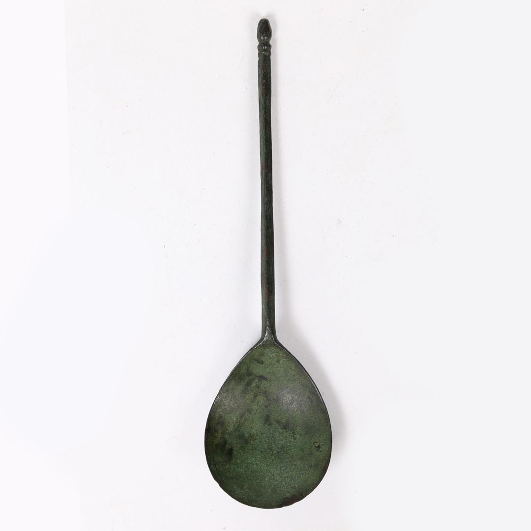 A RARE 13TH/14TH CENTURY LATTEN FILED PROTO-ACORN KNOP SPOON, ENGLISH.