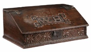 A CHARLES II BOARDED OAK DESK BOX, NORTH COUNTRY, DATED 1681.