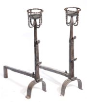 A GOOD PAIR OF 17TH CENTURY STYLE IRON CRESSET FIREDOGS.