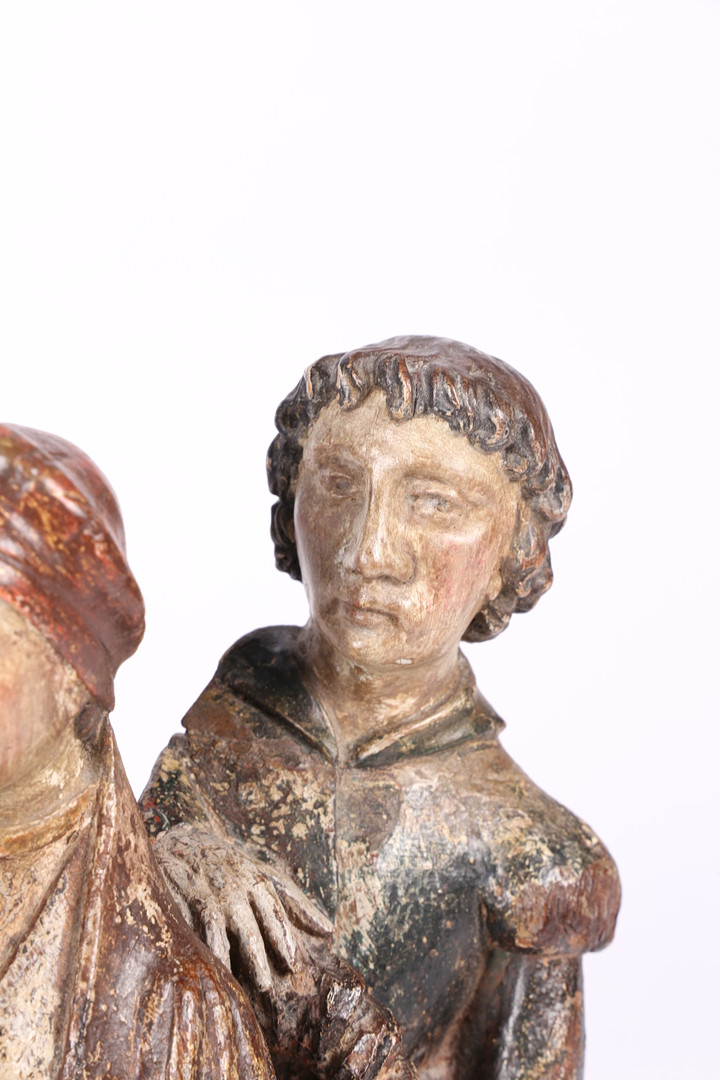 A CHARMING AND SERENE 15TH CENTURY OAK AND POLYCHROME FIGURE GROUP, GERMAN OR SOUTH NETHERLANDISH, C - Image 4 of 8
