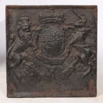 A CAST IRON FIREBACK, DESIGNED WITH THE ROYAL COAT OF ARMS OF ENGLAND AND SCOTLAND.