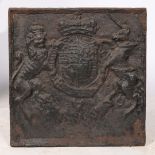 A CAST IRON FIREBACK, DESIGNED WITH THE ROYAL COAT OF ARMS OF ENGLAND AND SCOTLAND.