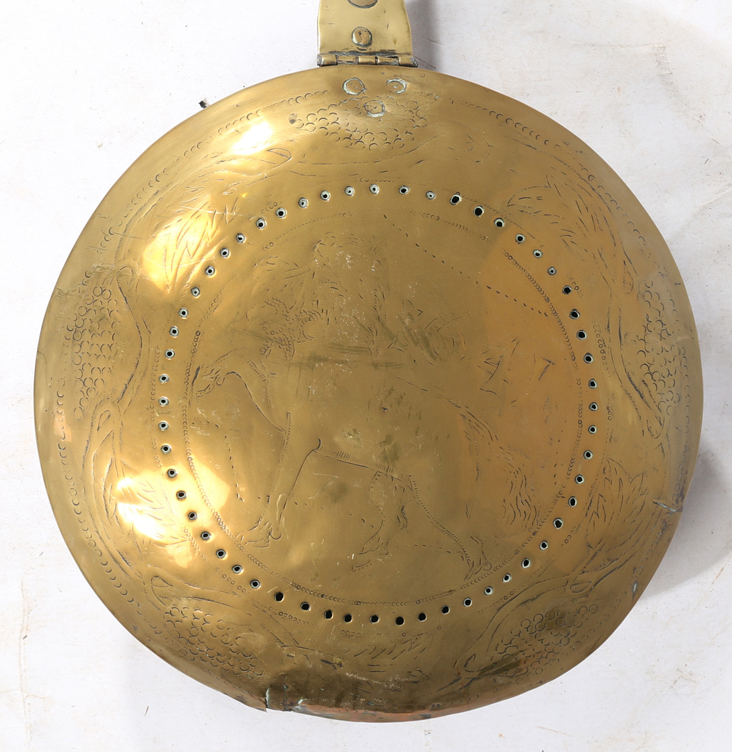 A CHARLES I BRASS AND IRON WARMING PAN, DATED 1641.