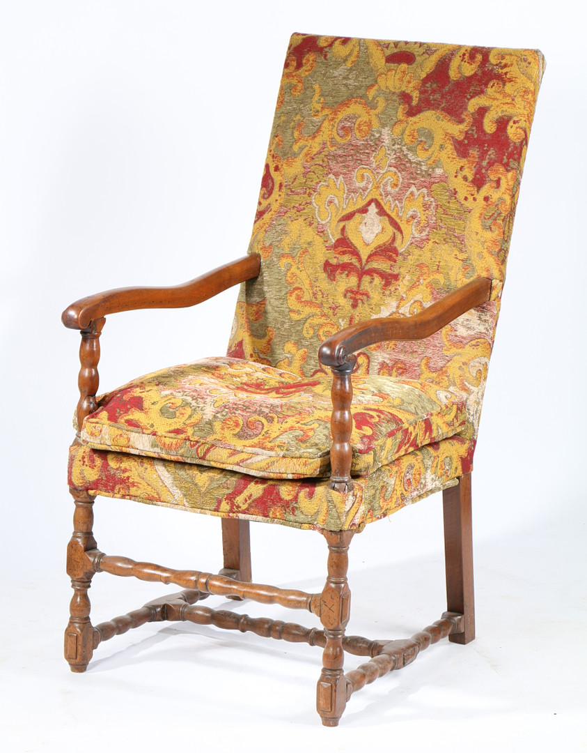 A WALNUT AND UPHOLSTERED OPEN ARMCHAIR, FLEMISH, CIRCA 1700. - Image 2 of 4