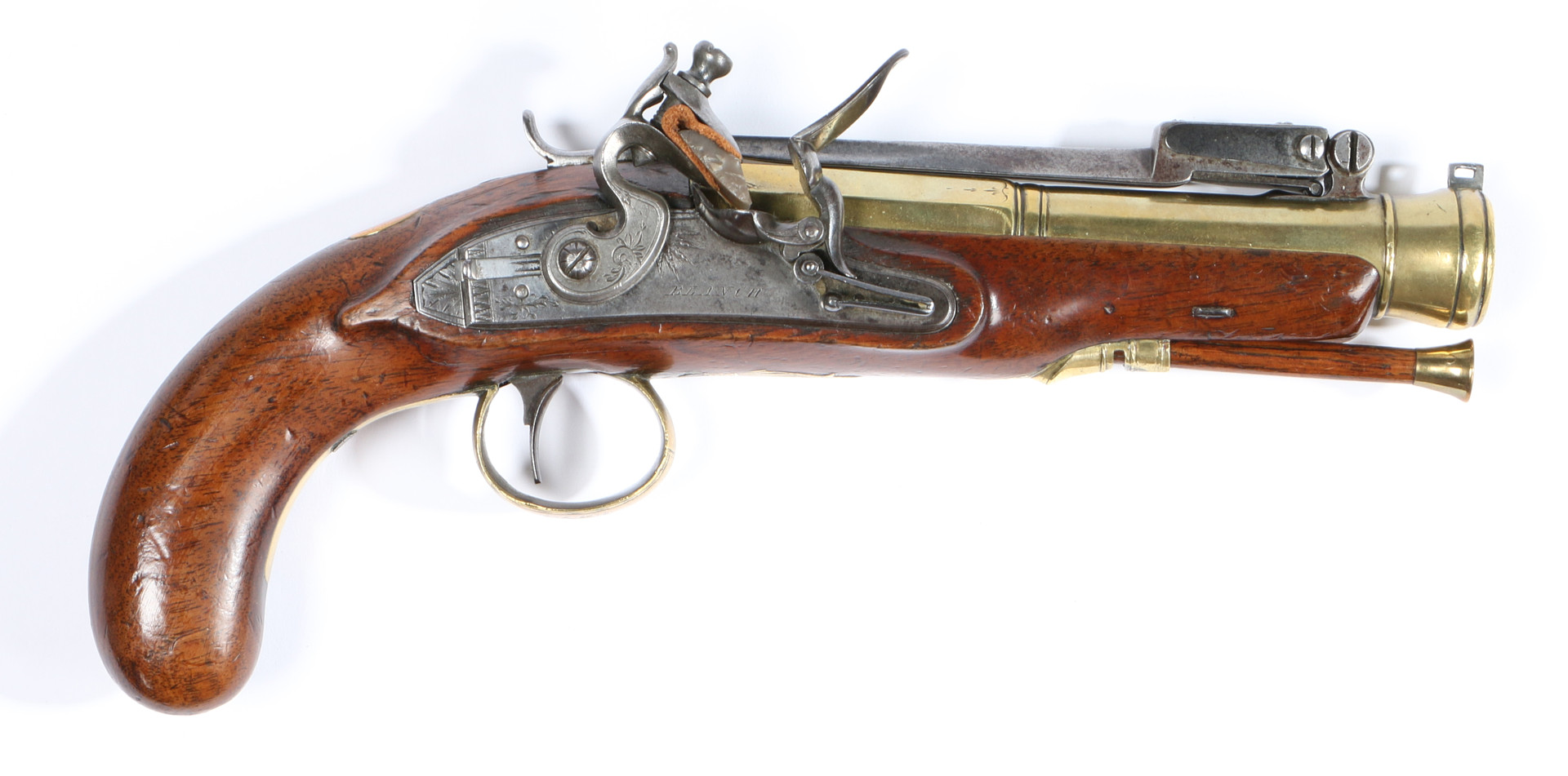 AN EARLY 19TH CENTURY BRASS-BARRELLED FLINTLOCK BLUNDERBUSS PISTOL, BY BLANCH OF LONDON.