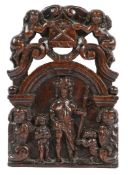 AN EARLY 17TH CENTURY CARVED AND PIERCED OAK PANEL, FLEMISH, CIRCA 1600-40.