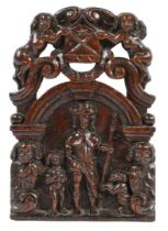 AN EARLY 17TH CENTURY CARVED AND PIERCED OAK PANEL, FLEMISH, CIRCA 1600-40.