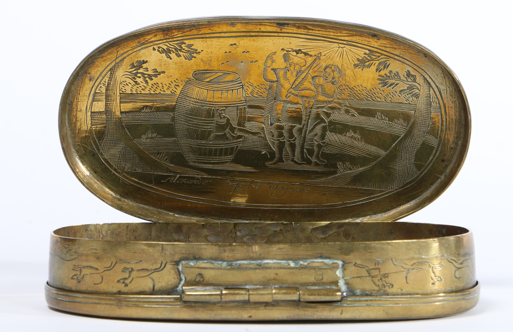 A MID-18TH CENTURY BRASS DOUBLE-LIDDED SNUFF BOX, DUTCH. - Image 9 of 9