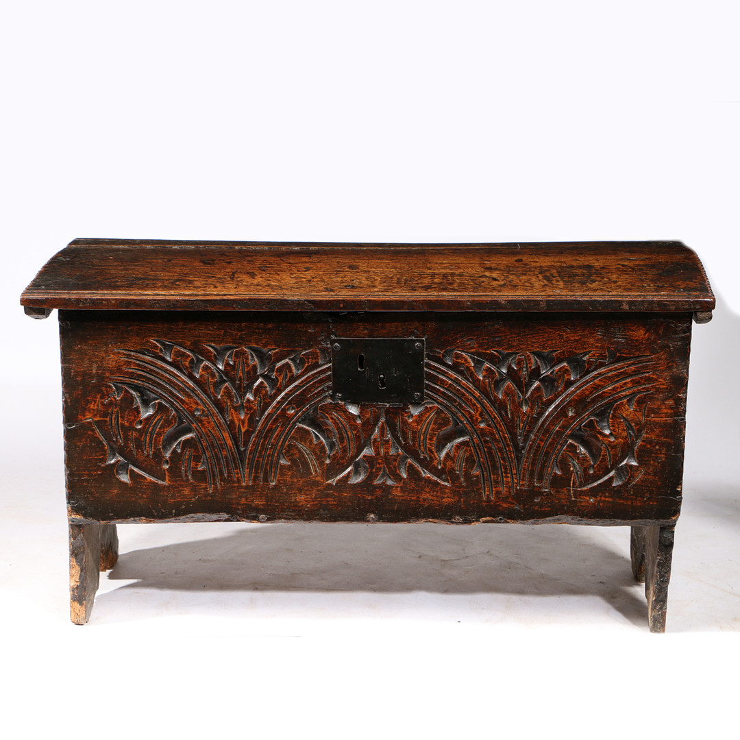 A CHARLES I CARVED OAK AND ELM BOARDED CHEST, WEST COUNTRY, CIRCA 1630, WITH RARE CHARLES II PRINTED - Image 3 of 5