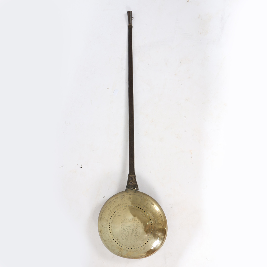 A CHARLES I BRASS AND IRON WARMING PAN, CIRCA 1640. - Image 2 of 2