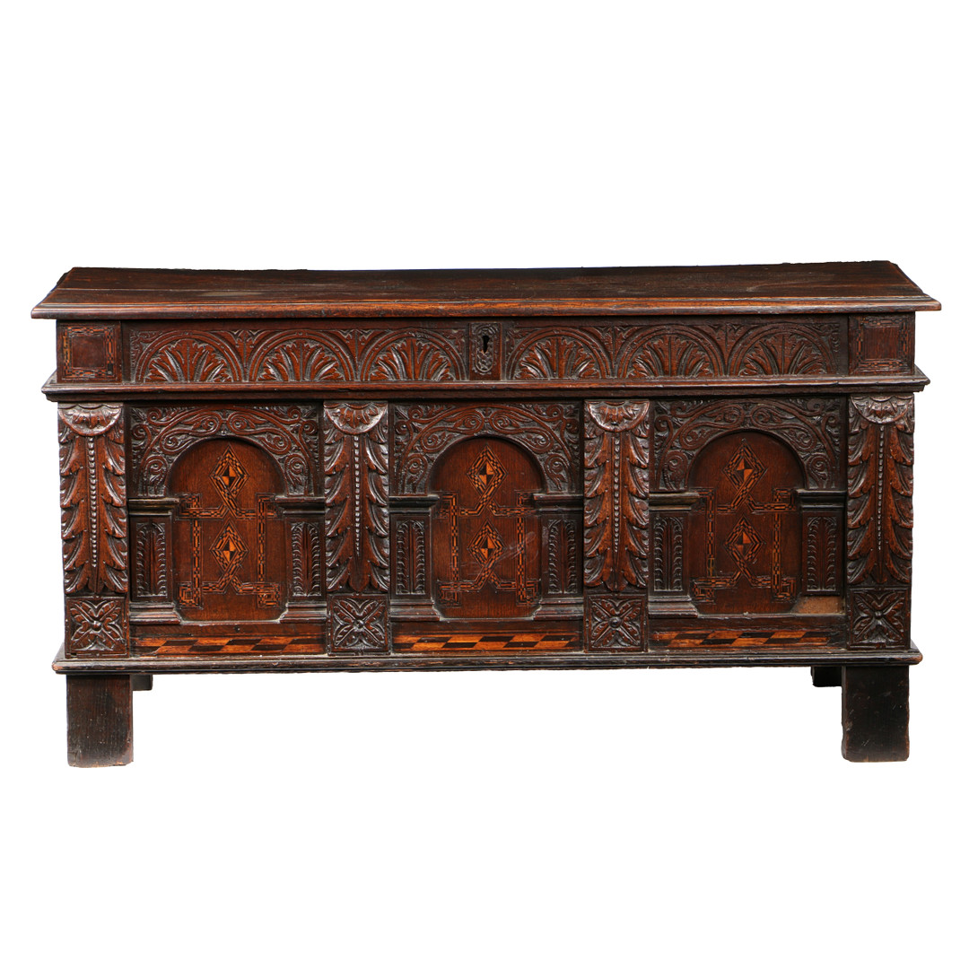 A JAMES I OAK AND PARQUETRY INLAID COFFER, WEST COUNTRY, CIRCA 1610. - Image 2 of 3